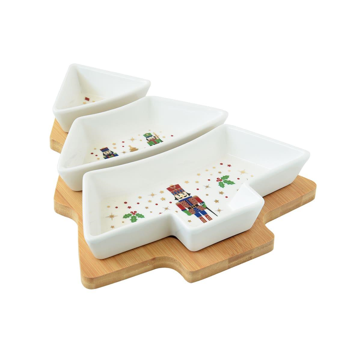 Easy Life Nutcracker Meze Seti Bambu Tepsili 25.5cm x 21cm 3 Porselen Kaseli