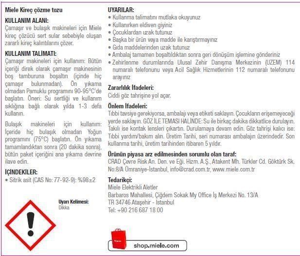 Miele Çamaşır ve Bulaşık Makinesi için Kireç Çözücü 250gr