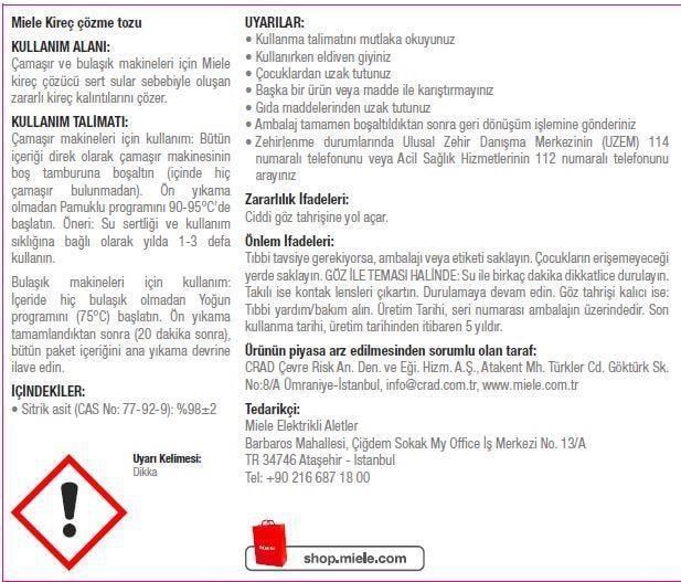 Miele Çamaşır ve Bulaşık Makinesi için Kireç Çözücü 250gr
