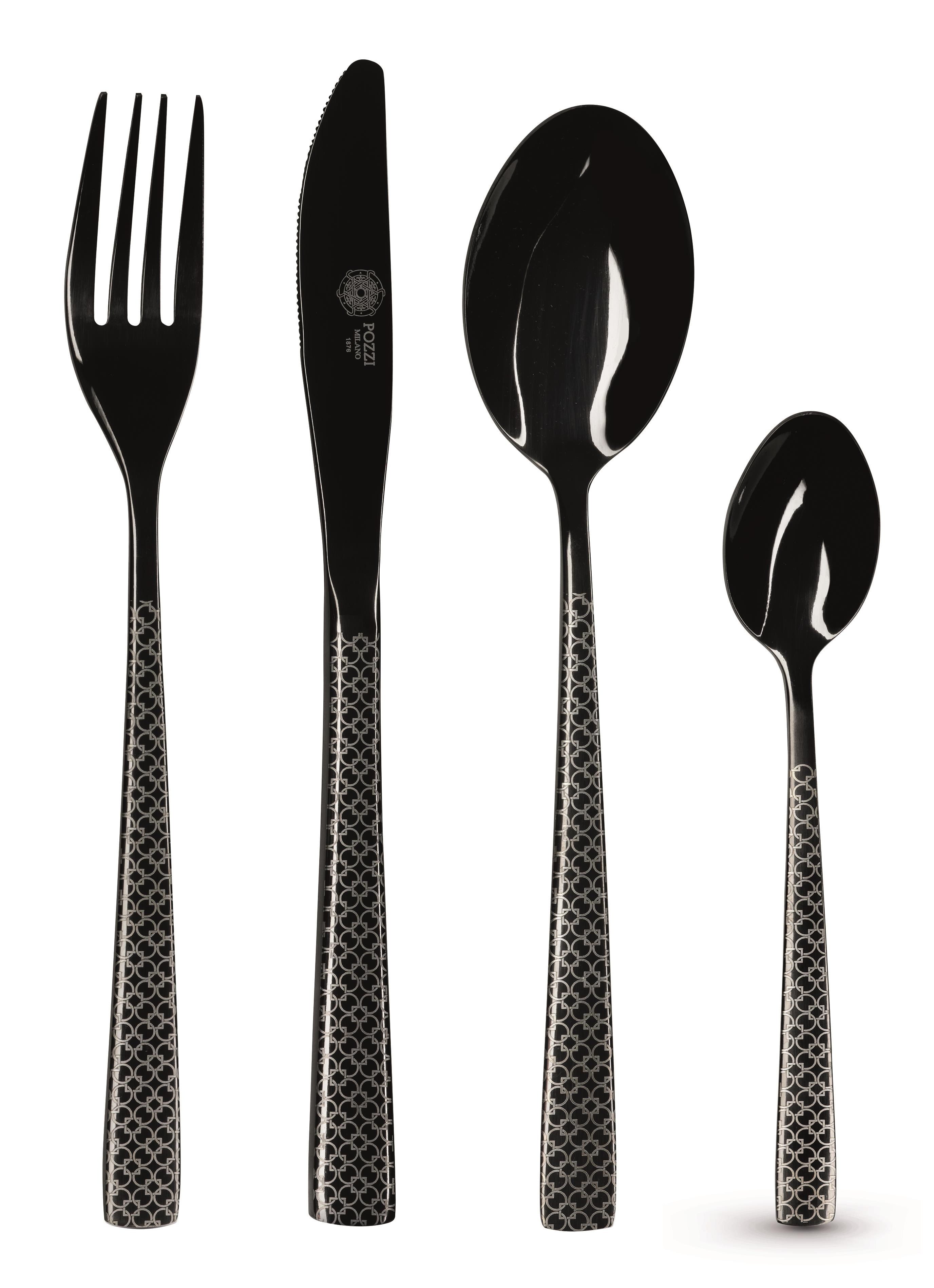 Pozzi Milano Essentials 24 Parça Çatal Bıçak Takımı Parlak Siyah Lazer Desenli - PM0112 B