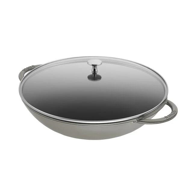 Staub Izgara Aparatlı 37cm Grafit Gri Demir Döküm Wok Tava Cam Kapaklı - 405093360