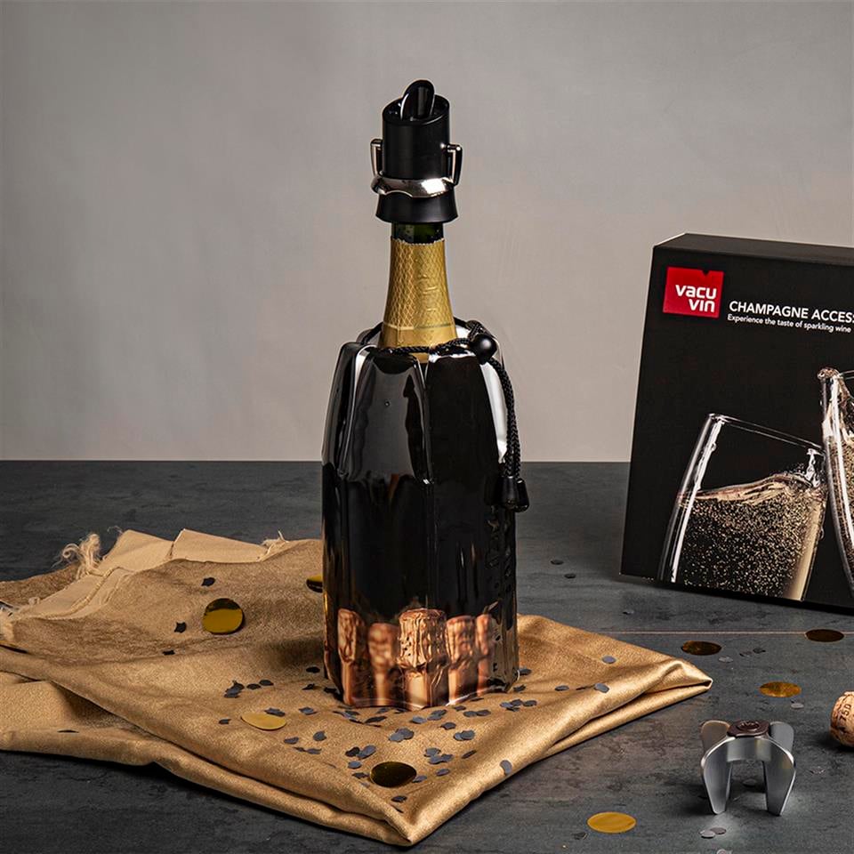 Vacu Vin Şampanya Kilit, Ağızlı ve Damla Korumalı, Siyah, Kutulu