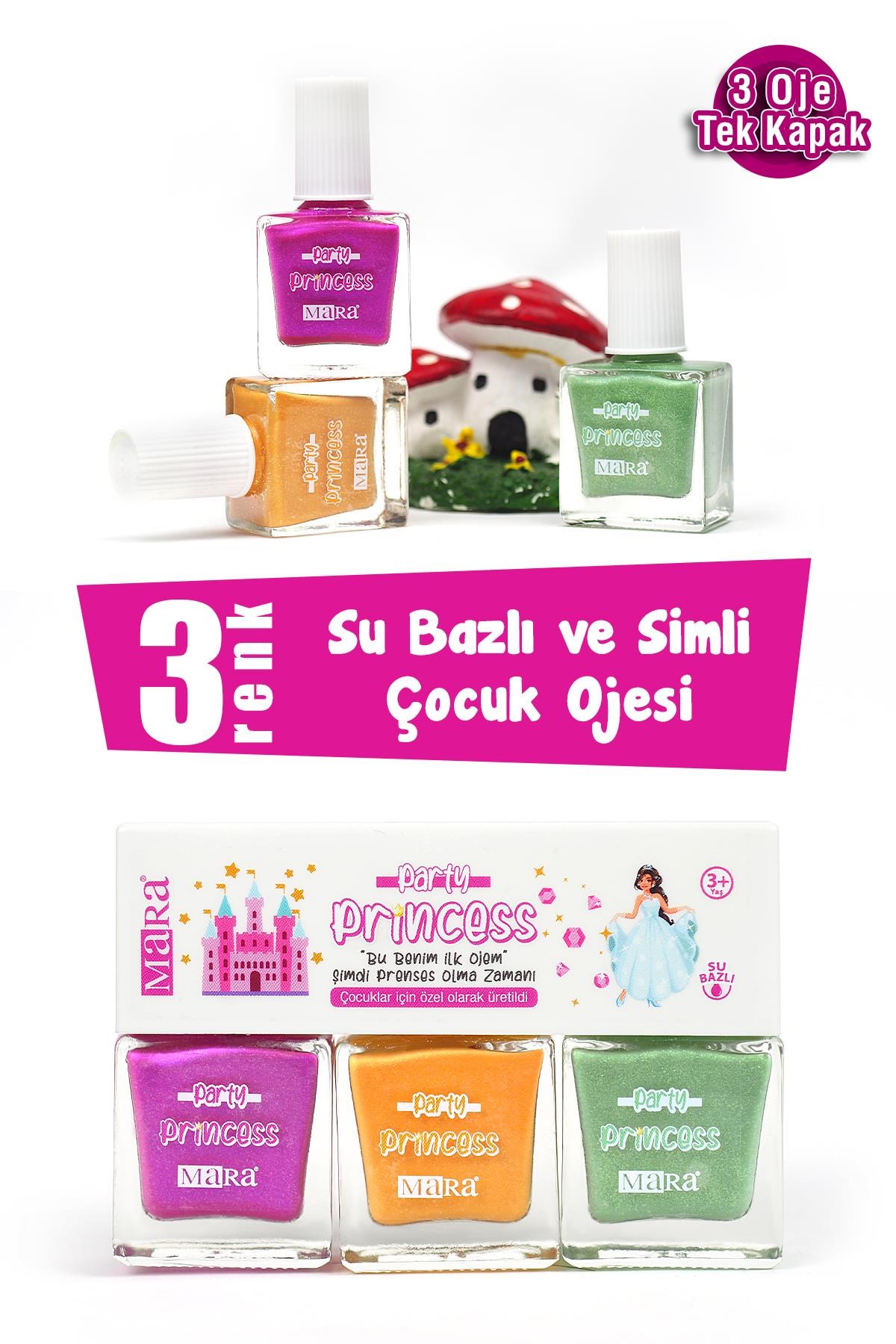 Mara Party Princess Yıkanabilir Su Bazlı ve Simli Çocuk Ojelerii 3'lü
