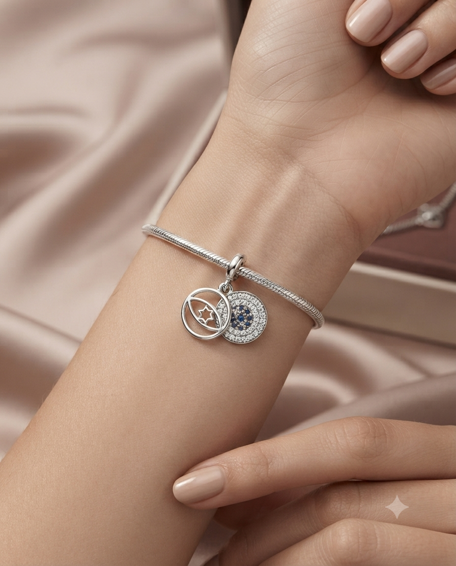 Bayan Gümüş Pandora Bileklik Uyumlu Nazar Boncuğu Model Charm