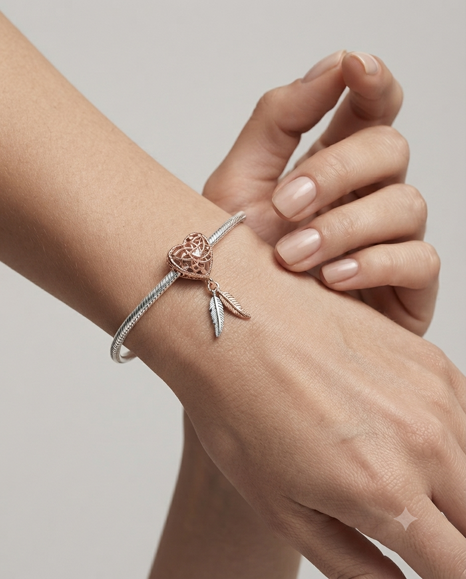 Bayan Gümüş Pandora Bileklik Uyumlu Rose Kalpli Rüya Kapanı Charm
