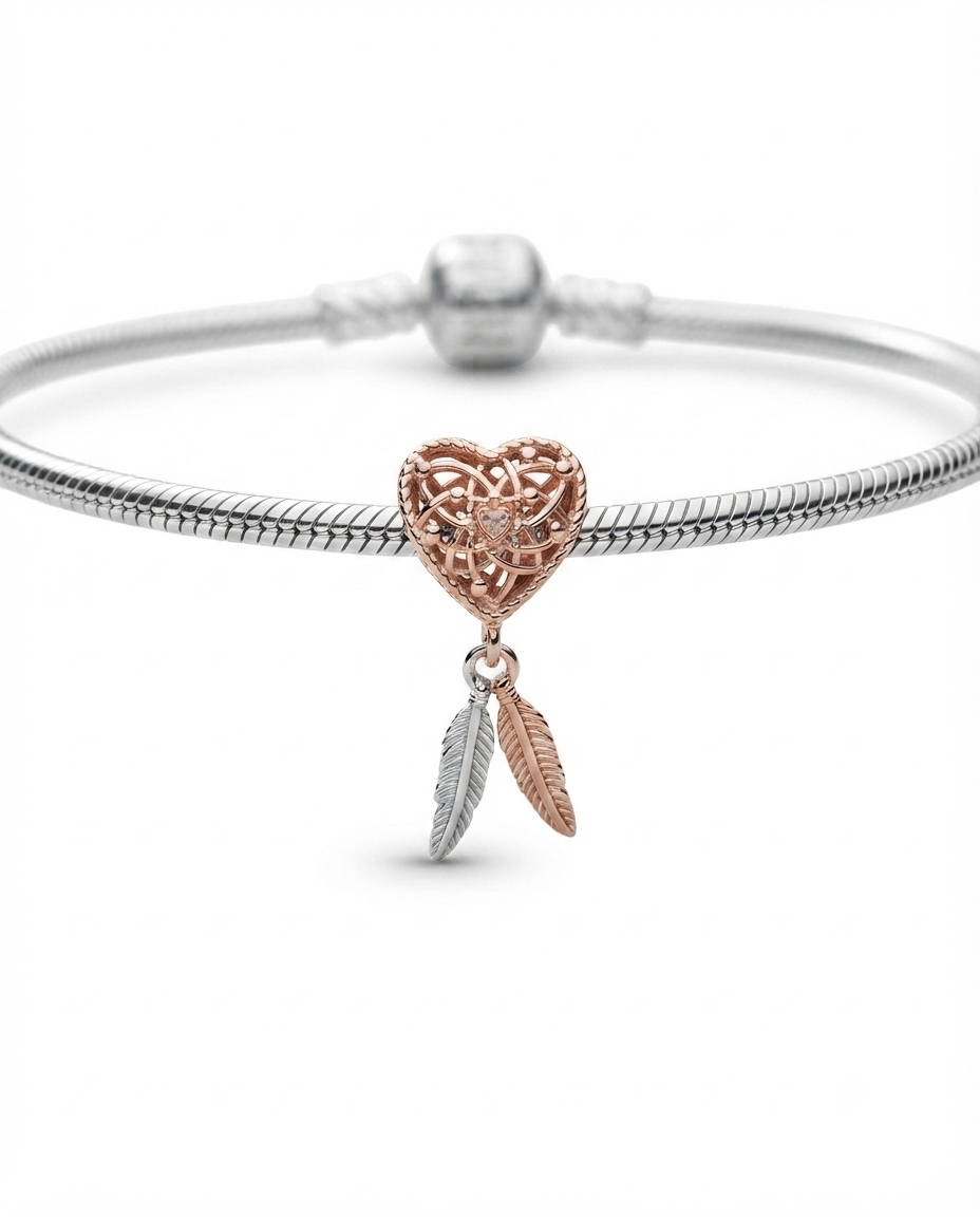 Bayan Gümüş Pandora Bileklik Uyumlu Rose Kalpli Rüya Kapanı Charm