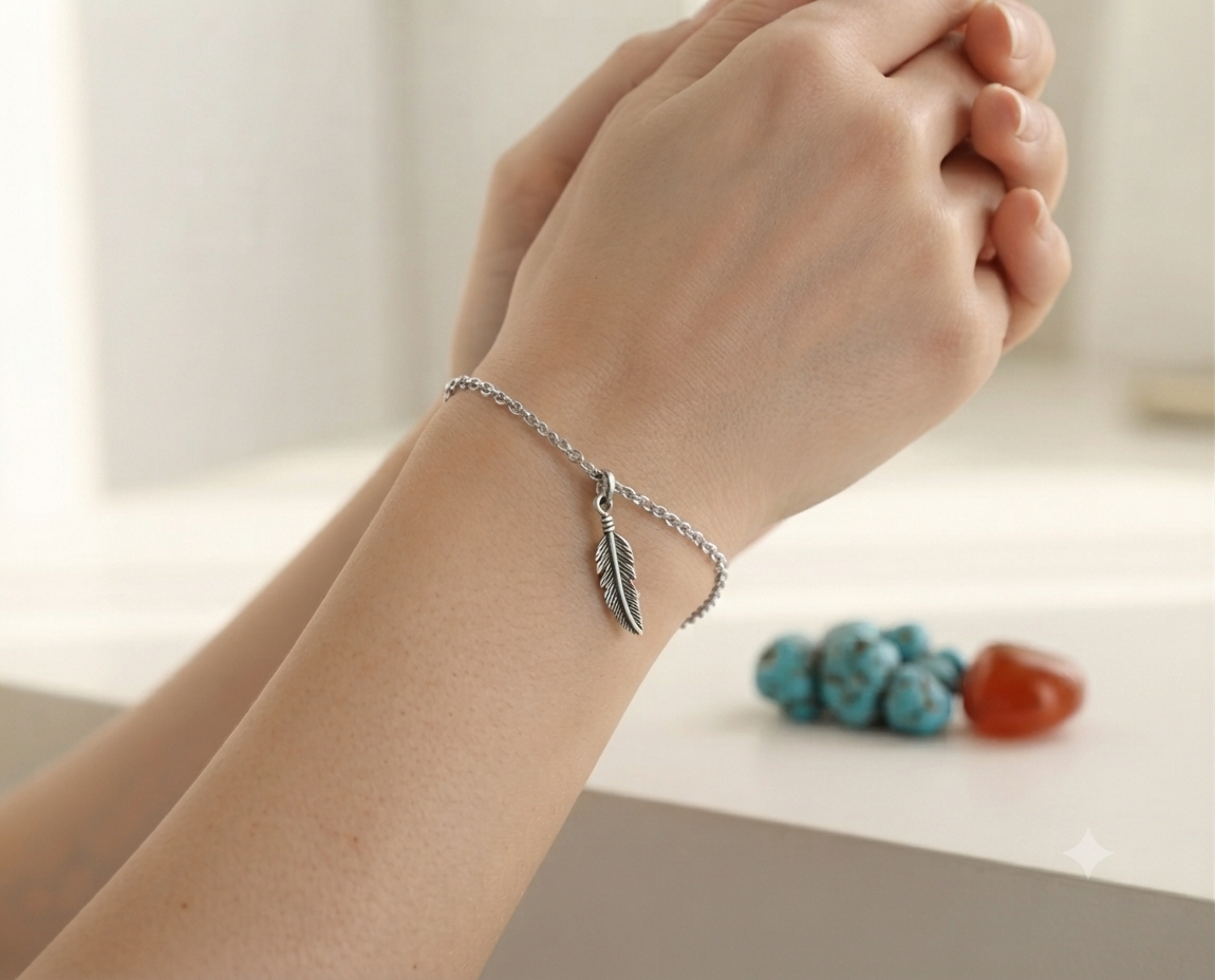 Bayan Gümüş Pandora Bileklik Uyumlu Tüy Model Charm
