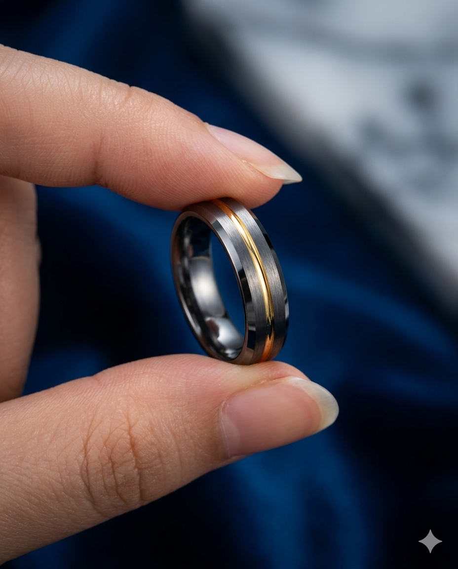 Erkek Gümüş Renk Gold Çizgi Detay 6 mm Tungsten Yüzük