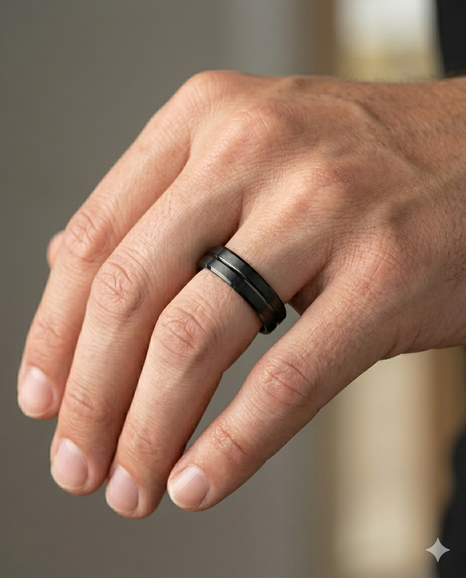 Erkek Siyah Çizgi Detay 6 mm Tungsten Yüzük