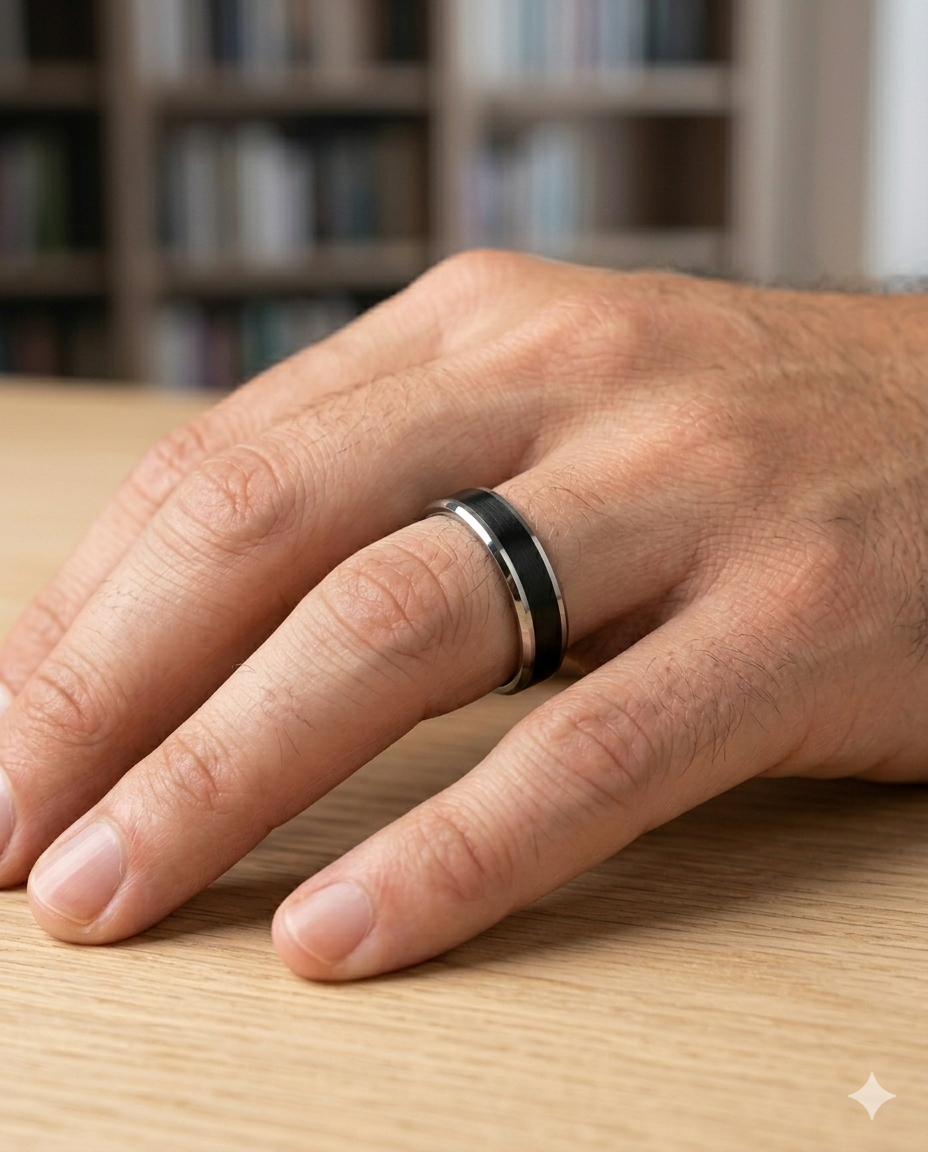 Erkek Siyah Renk Gümüş Detay 6 mm Tungsten Yüzük 