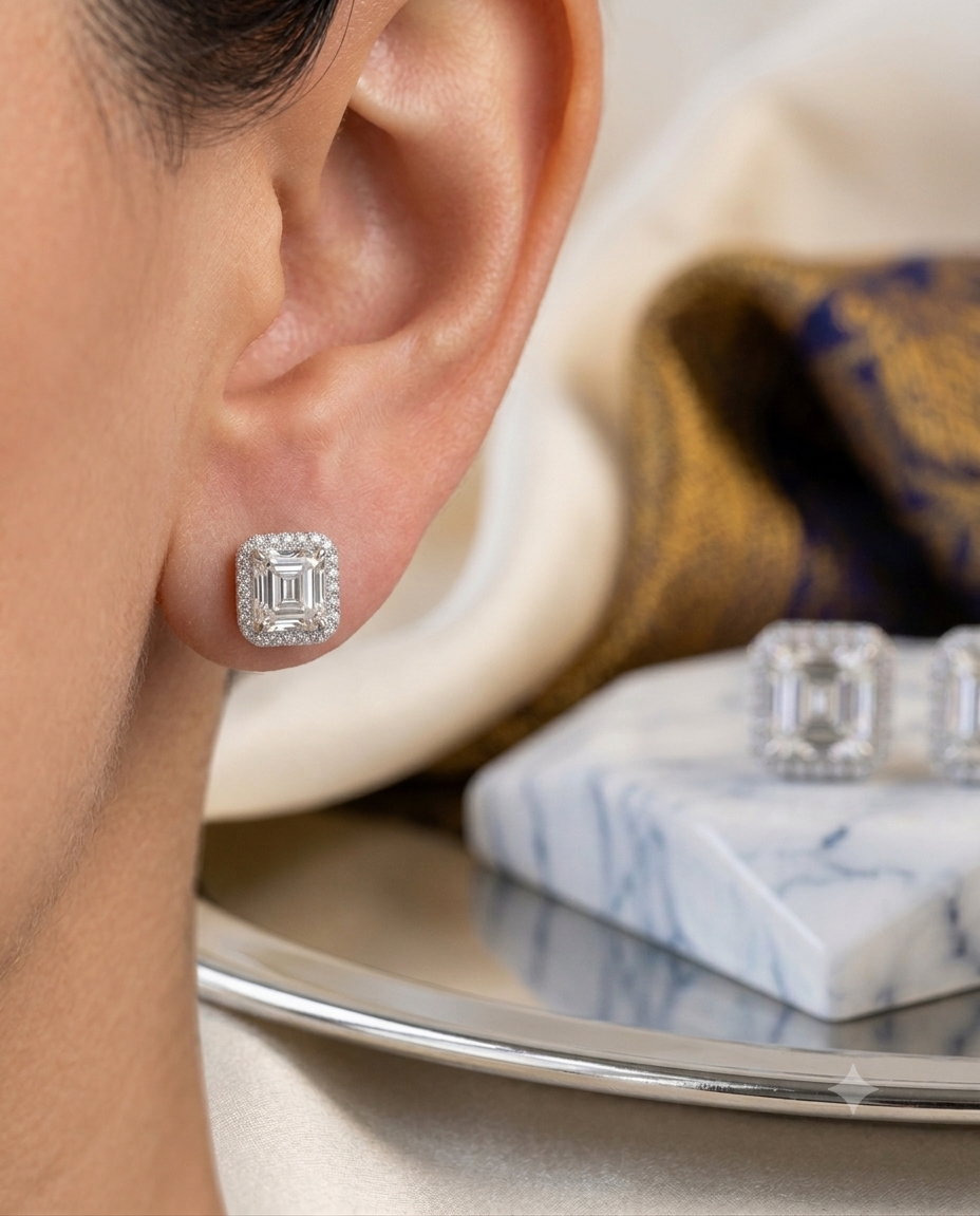 Kadın Moissanite Kare Taş ve Etrafı Sıralı Taş Detay Gümüş Küpe 