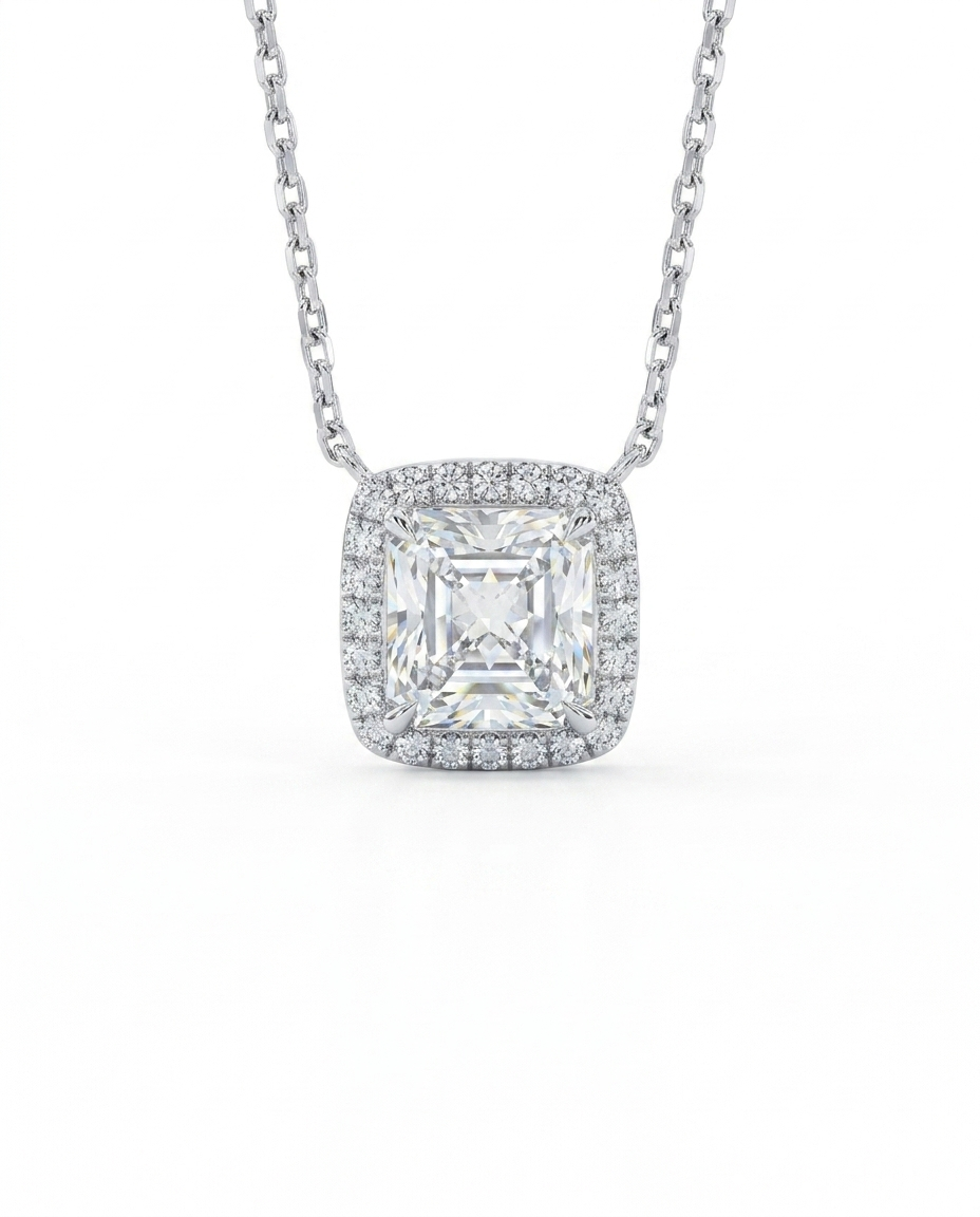 Kadın Moissanite Taş Kare ve Etrafı Taşlarla Çevrili Gümüş Kolye 