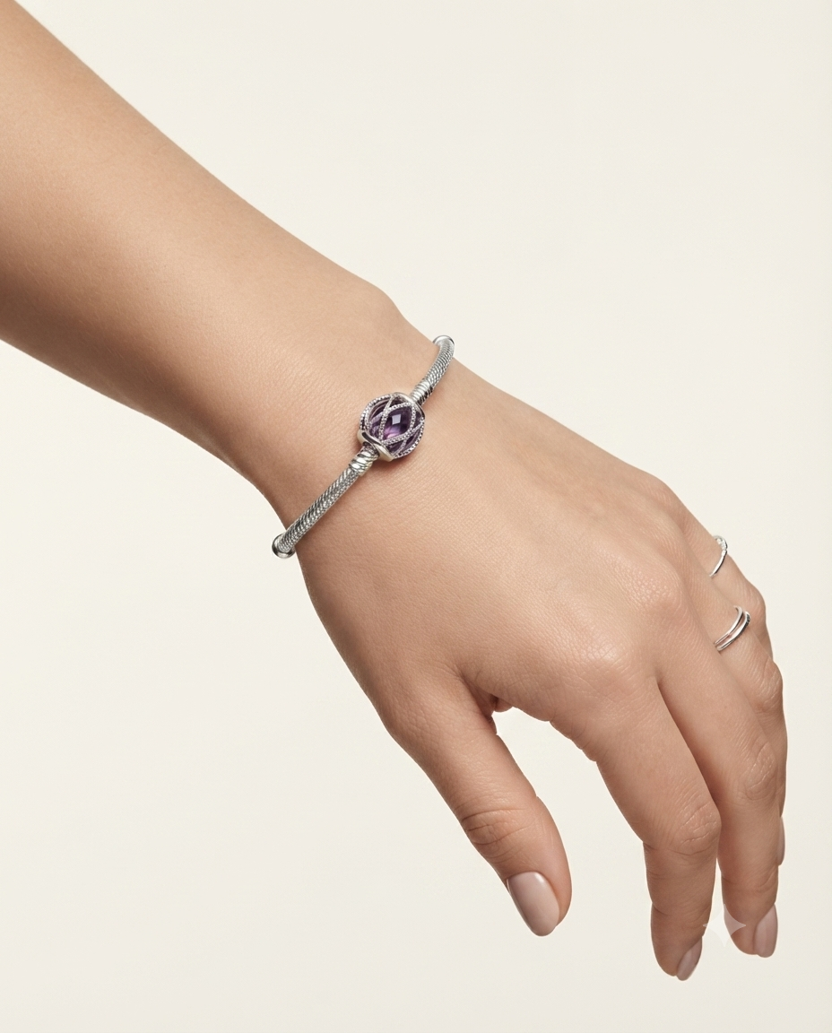 Kadın Mor Renk Kafes Model Gümüş Charm