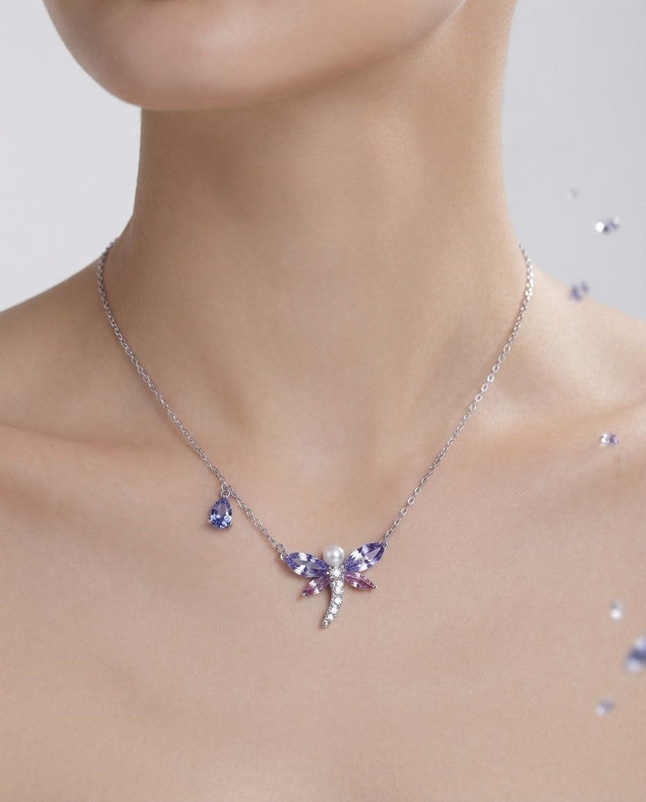 Kadın Renkli Taşlı Yusufçuk Model Çelik Kolye