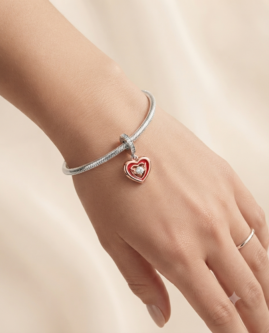 Kadın Rose Kalp ve Tektaş Detay Sallantılı Gümüş Charm