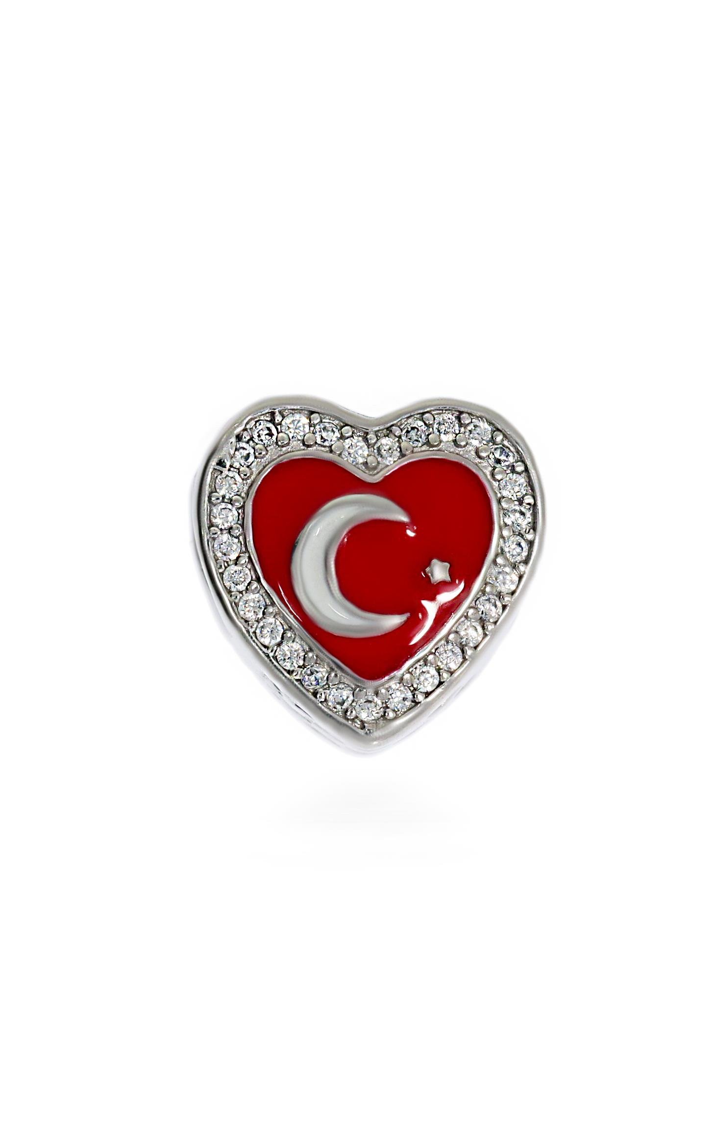 Kadın Taşlı Kalp Model Türk Bayrağı Temalı Gümüş Charm