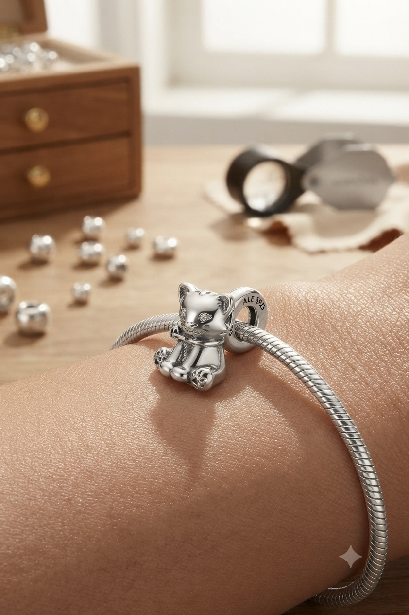 Kadın Tatlı Kedi Model Gümüş Charm