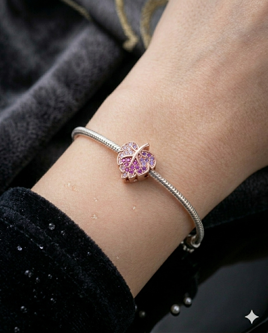 Rose Renk Yaprak Model Renkli Taşlı Gümüş Charm