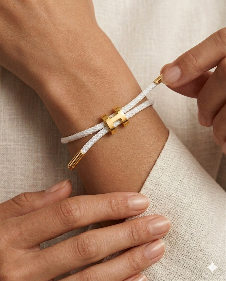 Unisex H Model Gold Renk Çelik Detay Beyaz İp Bileklik