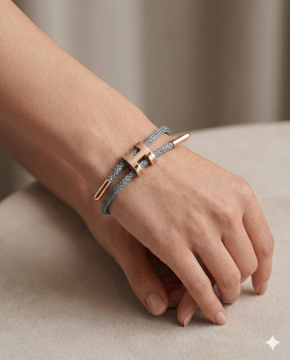 Unisex H Model Gold Renk Çelik Detay Gri İp Bileklik