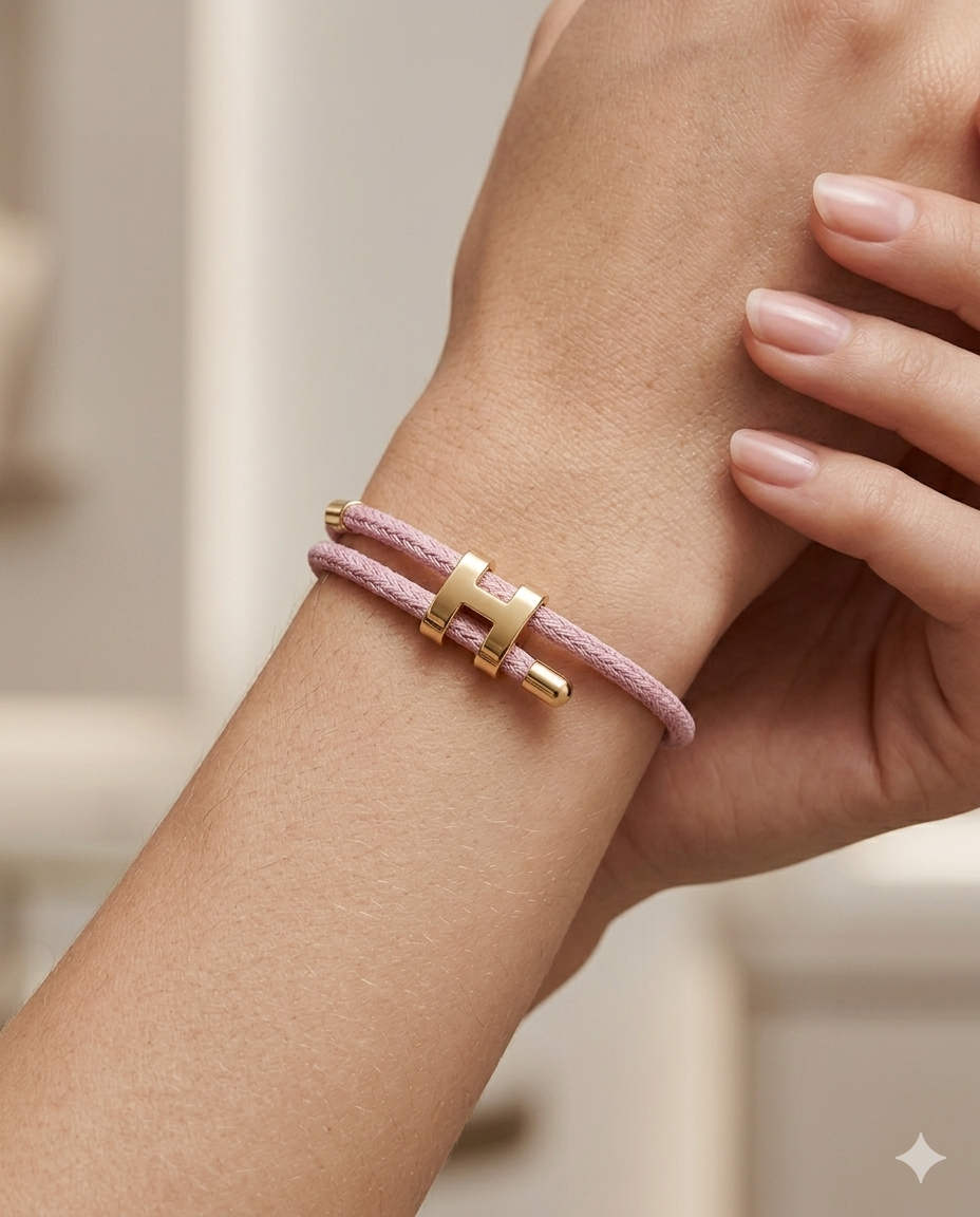 Unisex H Model Gold Renk Çelik Detay Pembe İp Bileklik