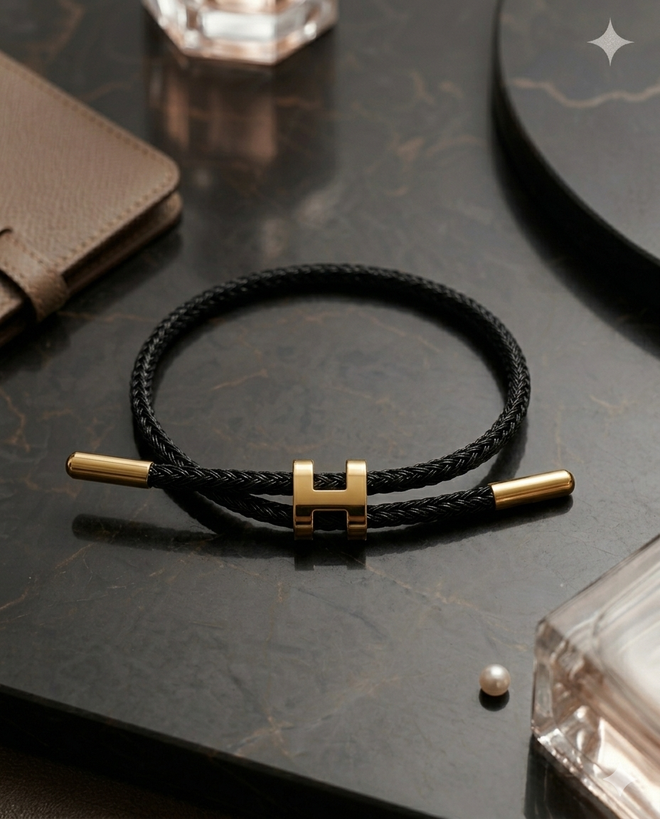 Unisex H Model Gold Renk Çelik Detay Siyah İp Bileklik