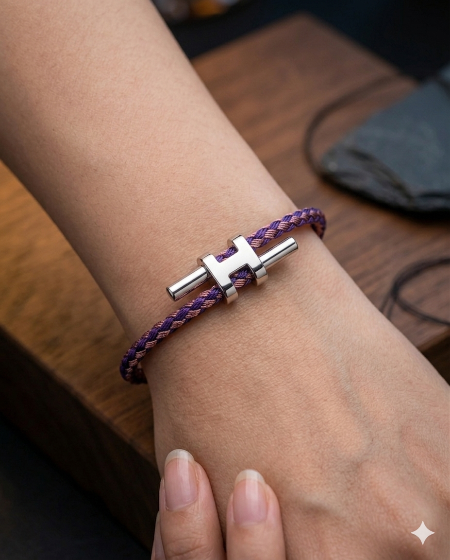 Unisex H Model Silver Renk Çelik Detay Mor ve Pembe  İp Bileklik