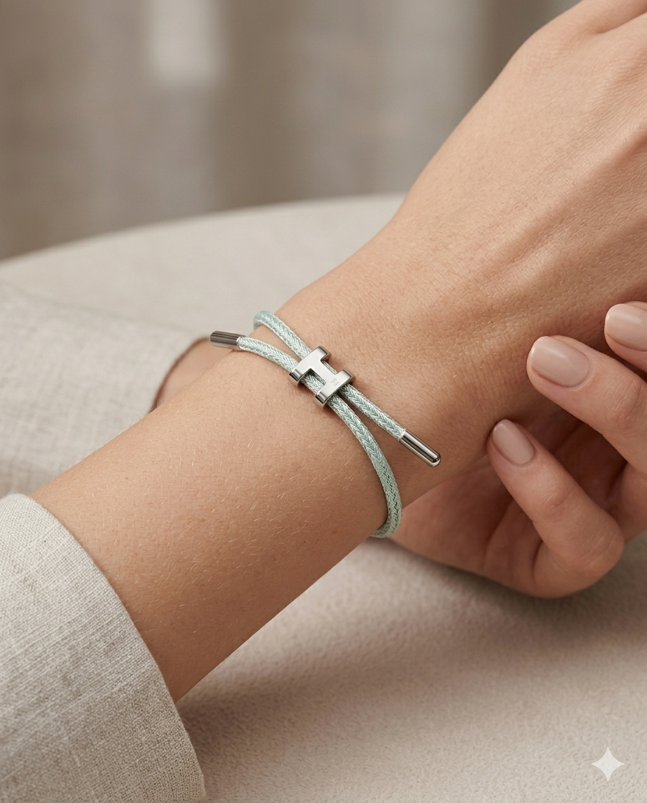 Unisex H Model Silver Renk Çelik Detay Su Yeşili İp Bileklik