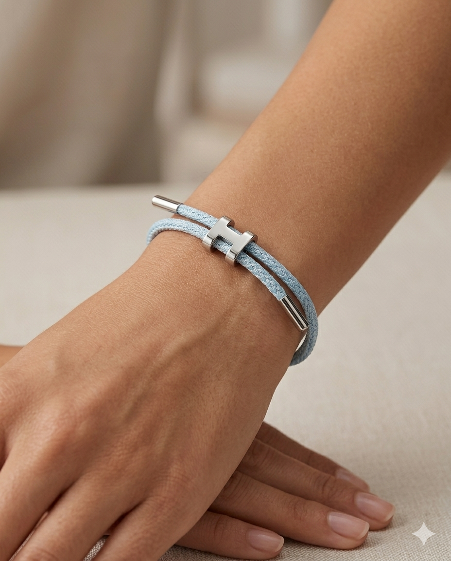 Unisex H Model Silver Renk Çelik Detay Açık Mavi İp Bileklik