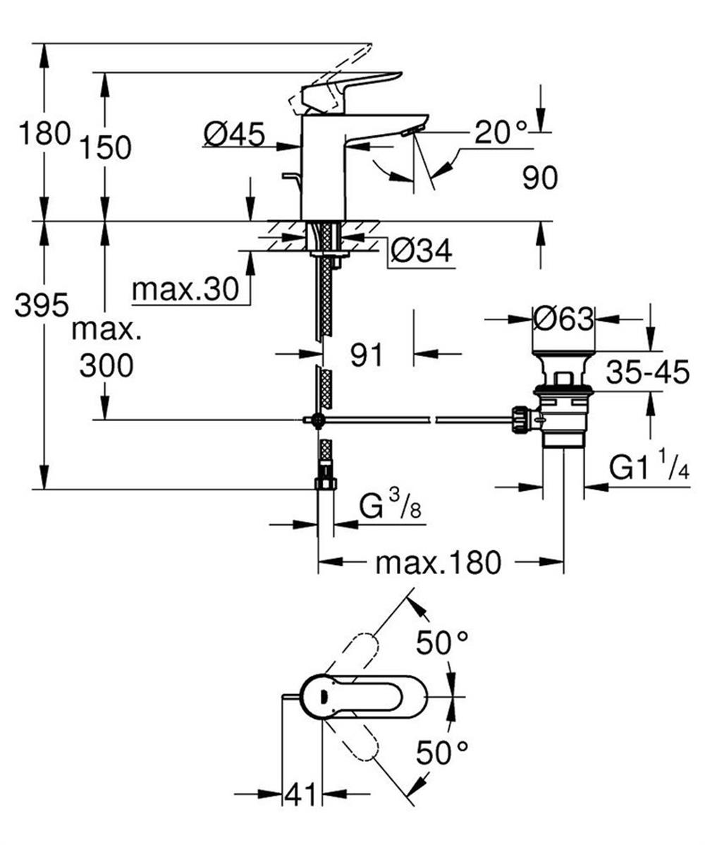 Grohe BauEdge Lavabo Bataryası Sifon Kumandalı S Boy Krom 23328001