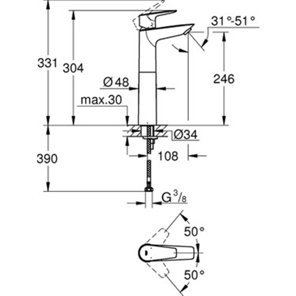 Grohe BauEdge Tezgah Üstü Lavabo Bataryası XL Boy Krom 23761001