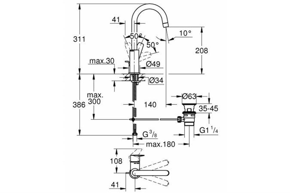 Grohe BauEdge Yüksek Lavabo Bataryası Sifon Kumandalı L Boy Krom 23760001