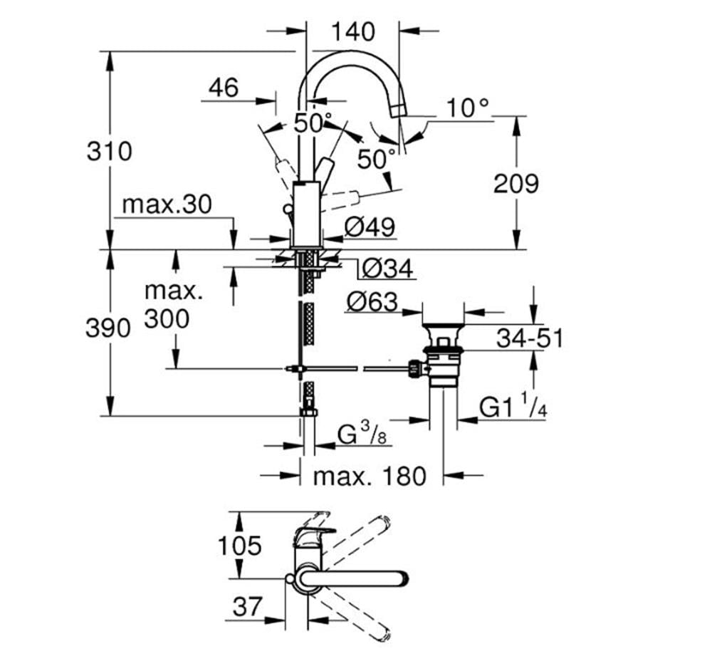 Grohe BauFlow Yüksek Lavabo Bataryası Sifon Kumandalı Krom 23753000