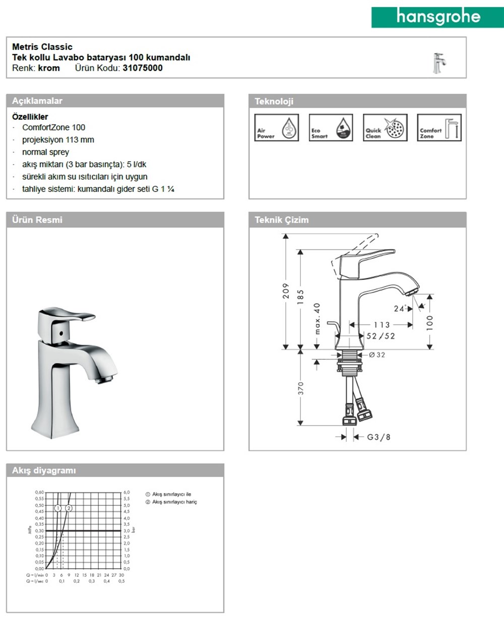 Hansgrohe Metris Classic Lavabo Bataryasi 3107500