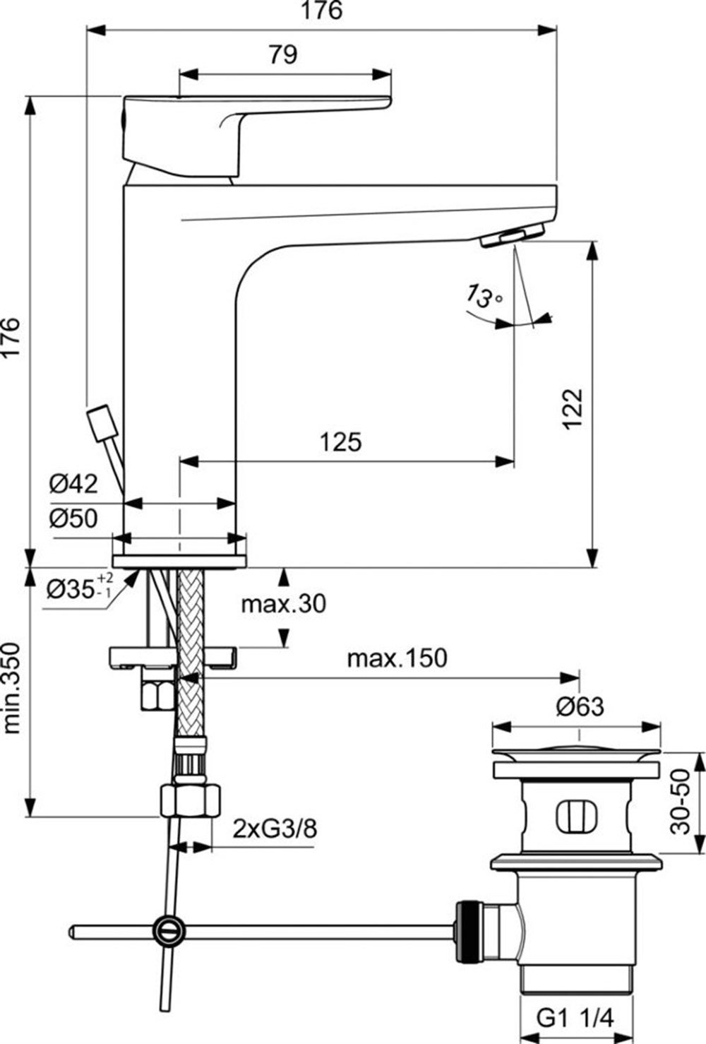 Ideal Standard Cerafine O Lavabo Bataryası Mat Siyah (Sifon Kumandalı) BC699XG