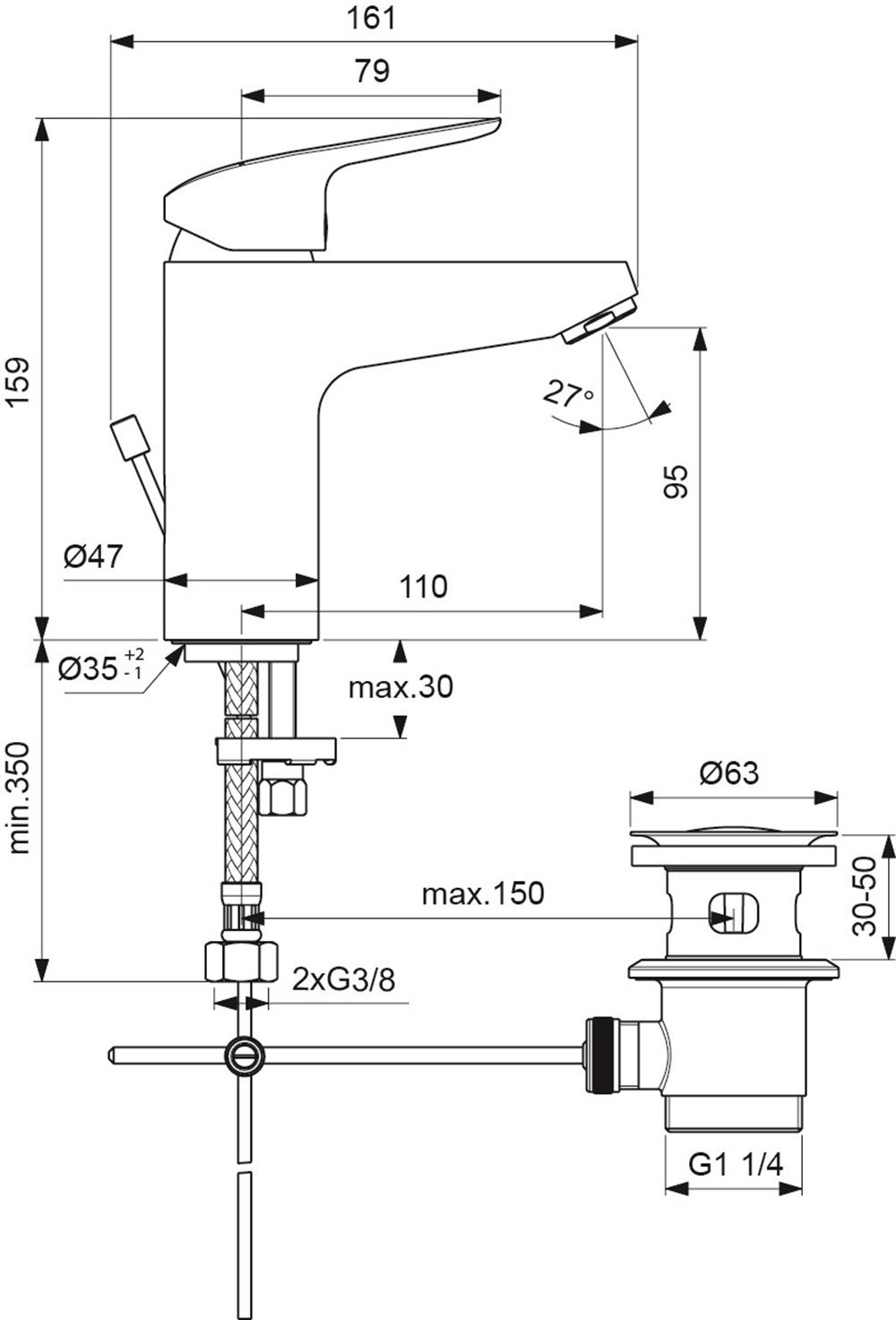 Ideal Standard Ceraflex Grande Lavabo Bataryası Krom (Sifon Kumandalı) B1713AA