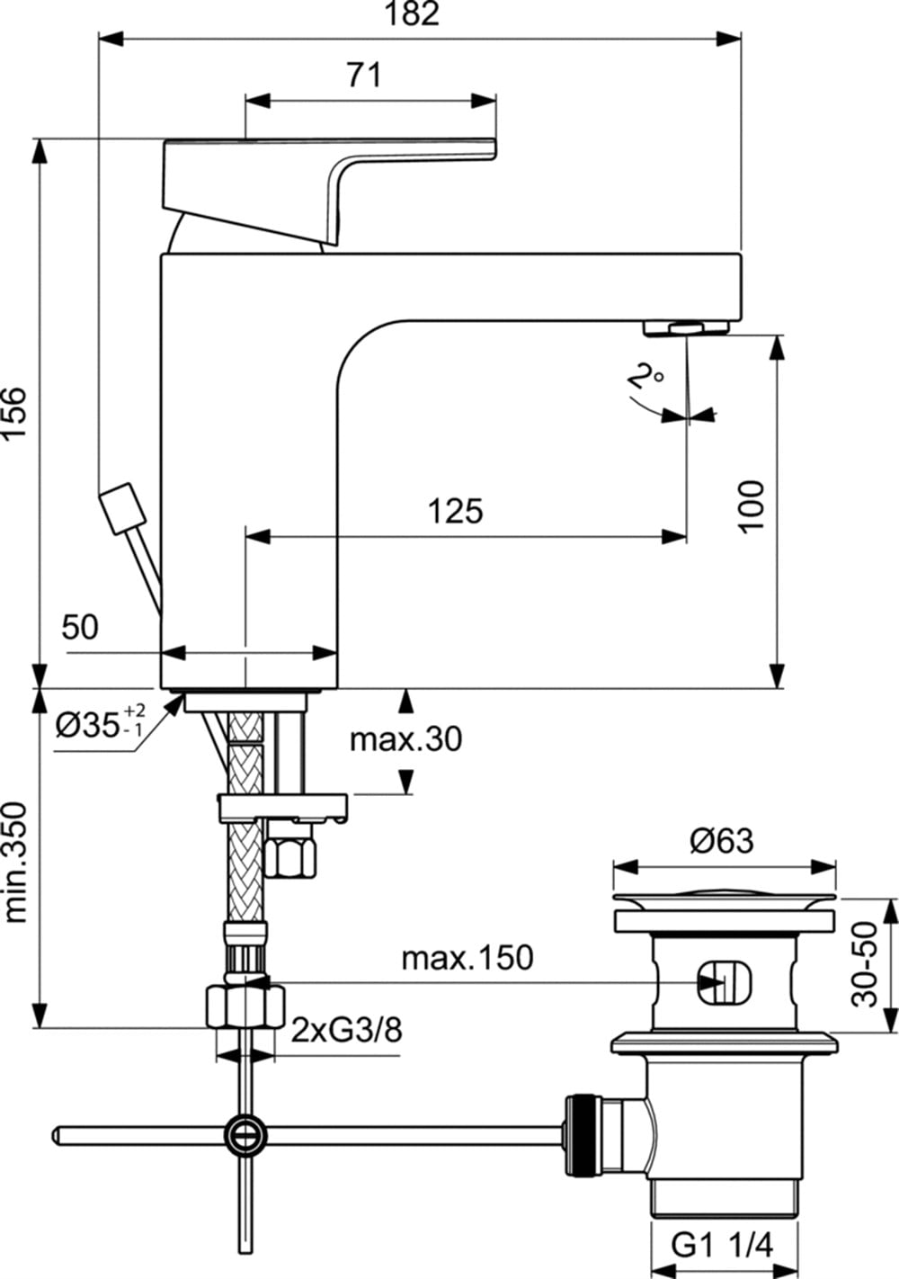 Ideal Standard Edge Lavabo Bataryası, Sifon Kumandalı A7104AA