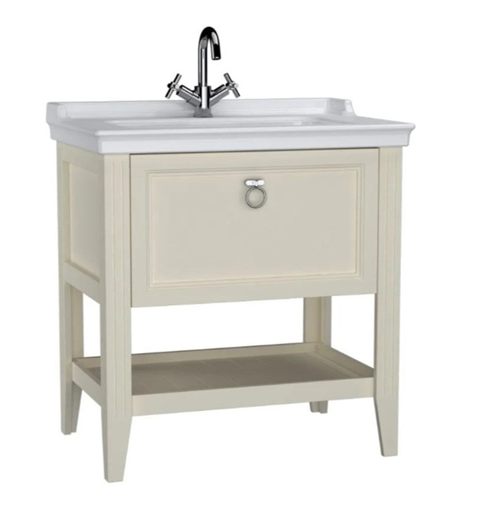 Vitra Valarte Lavabo Dolabı 80 cm Çekmeceli Etajerli Lavabolu Tek Armatür Delikli Mat Fildişi 62182