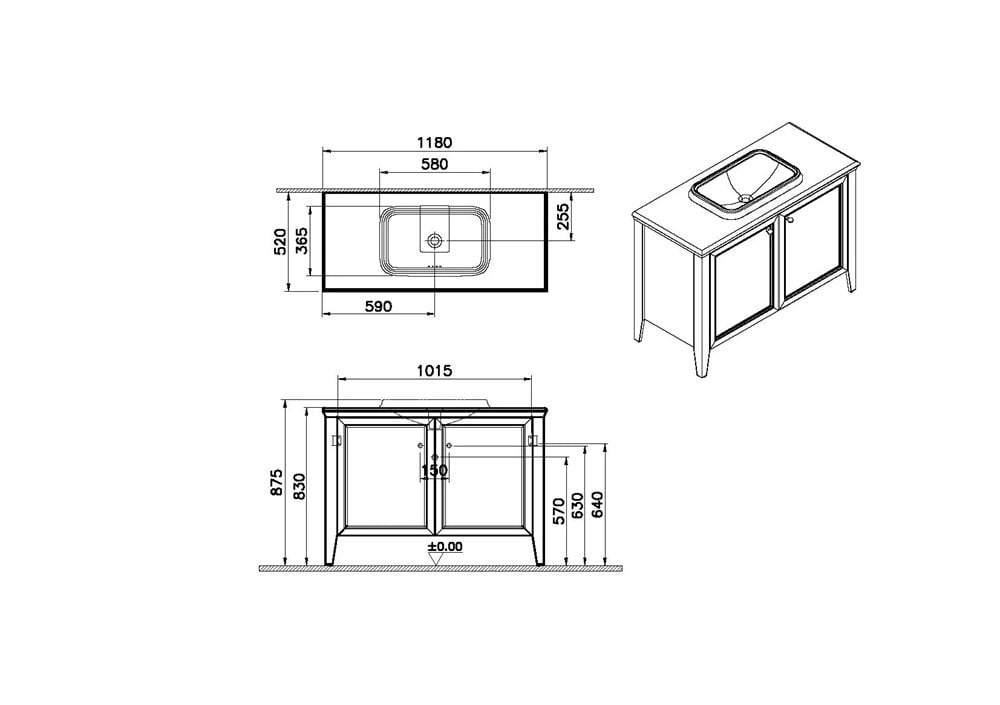 Vitra Valarte Neo Lavabo Dolabı 120 cm kapaklı, tezgahüstü lavabolu, mermer tezgahlı, Çelik Mavisi 65774