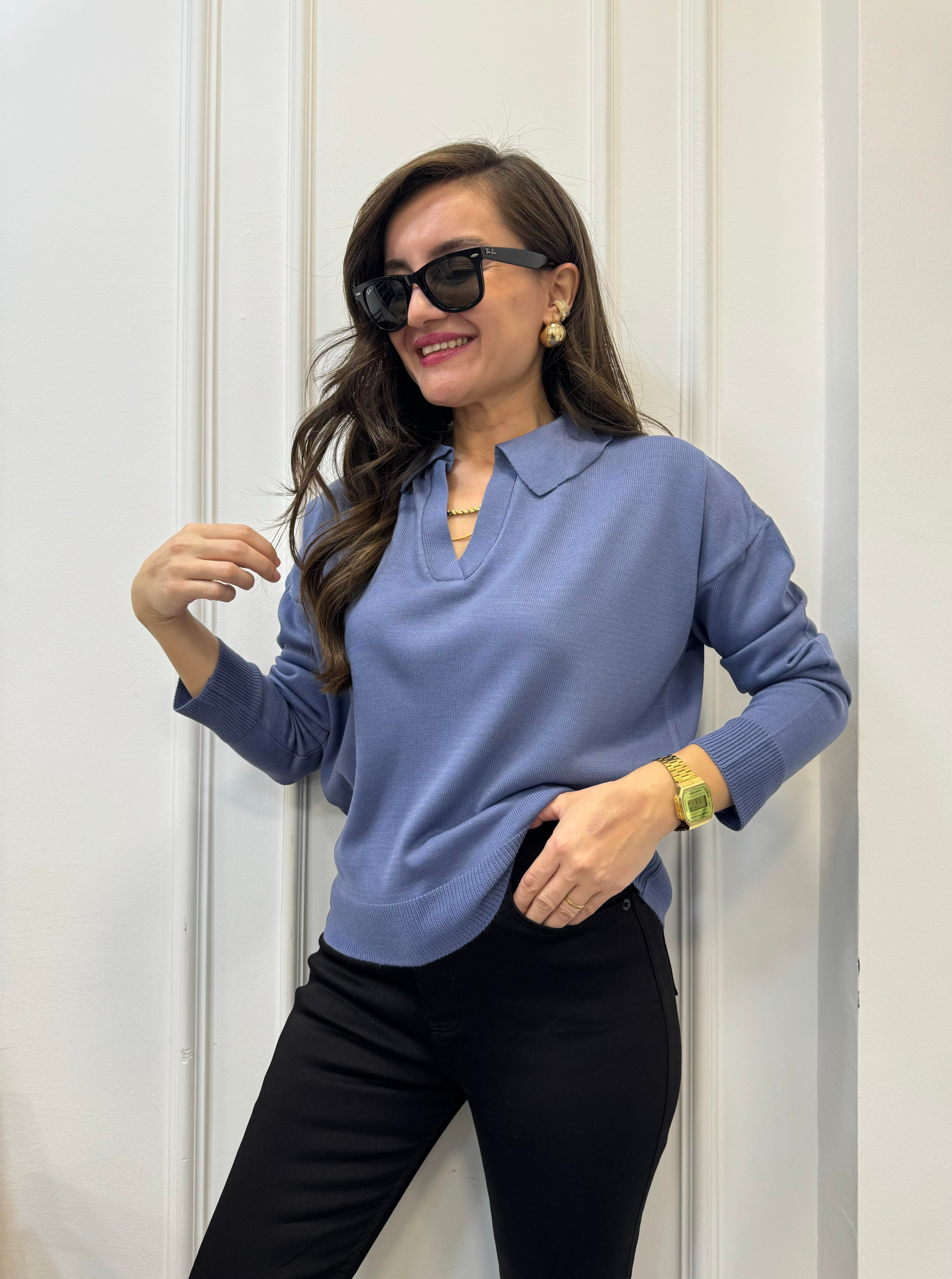 Açık indigo Polo Yaka Triko Bluz 3215