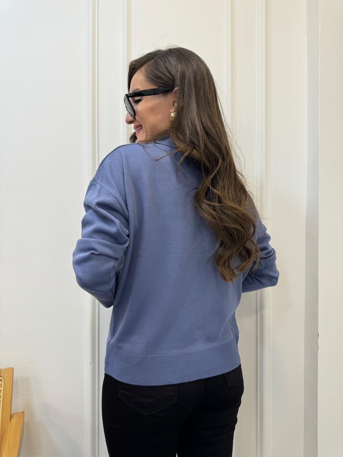 Açık indigo Polo Yaka Triko Bluz 3215