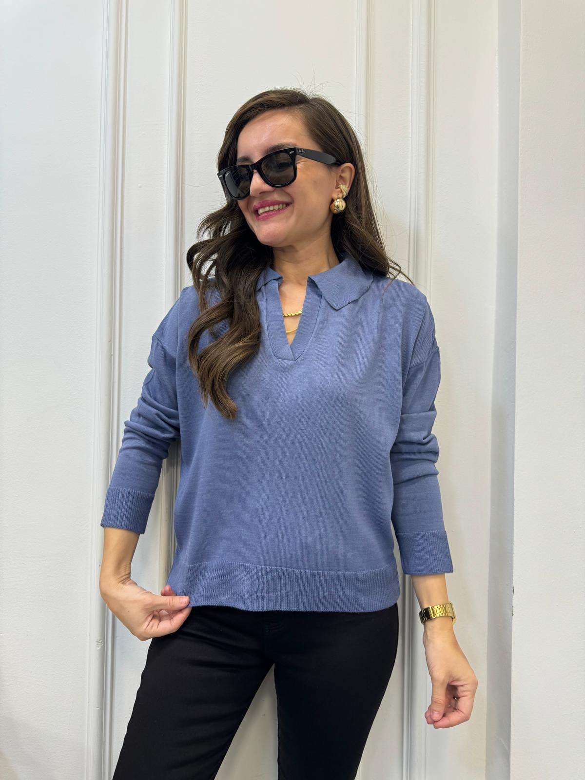 Açık indigo Polo Yaka Triko Bluz 3215