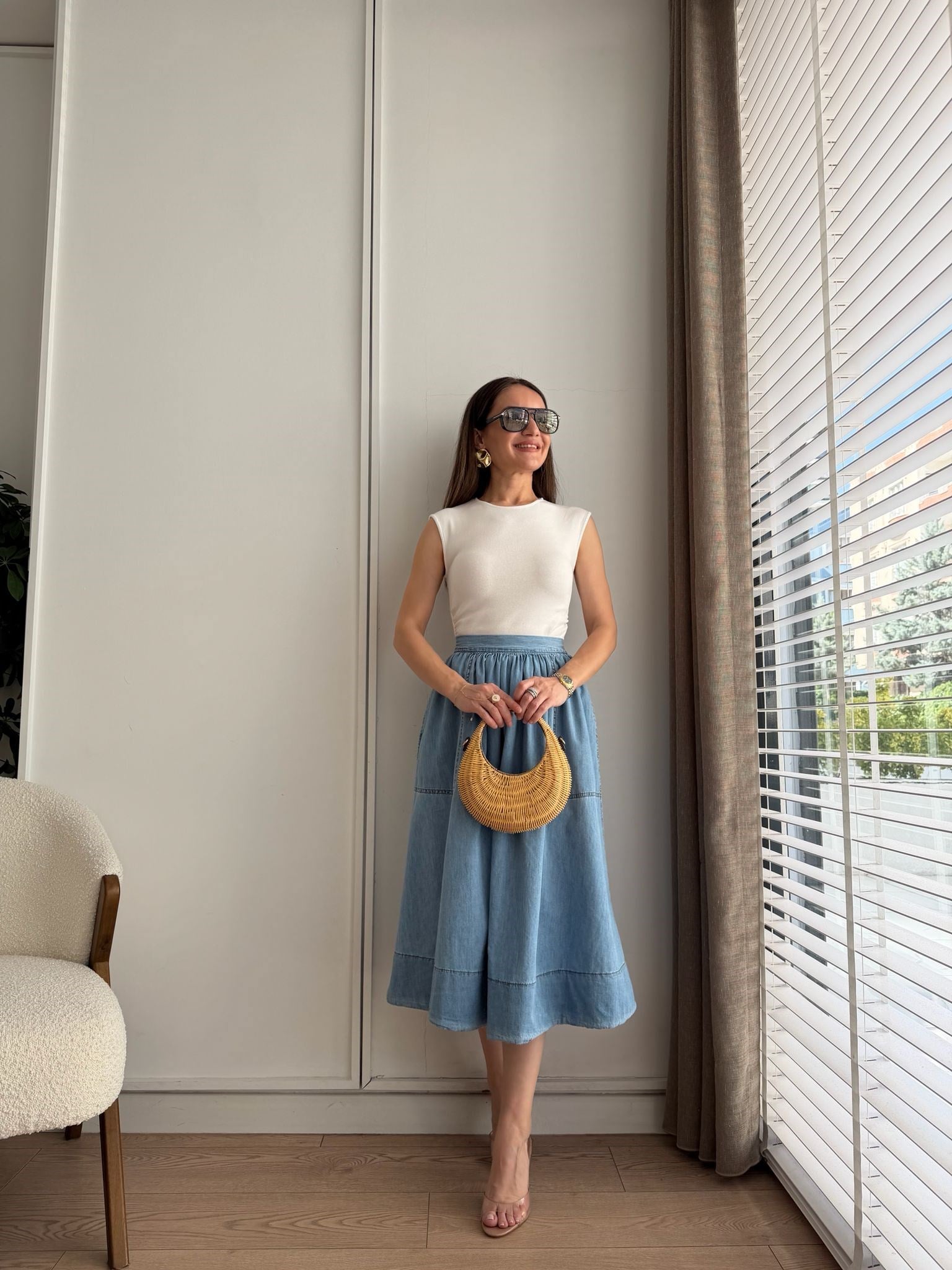 Açık mavi Bel Lastikli Cepli Jean Etek 3614