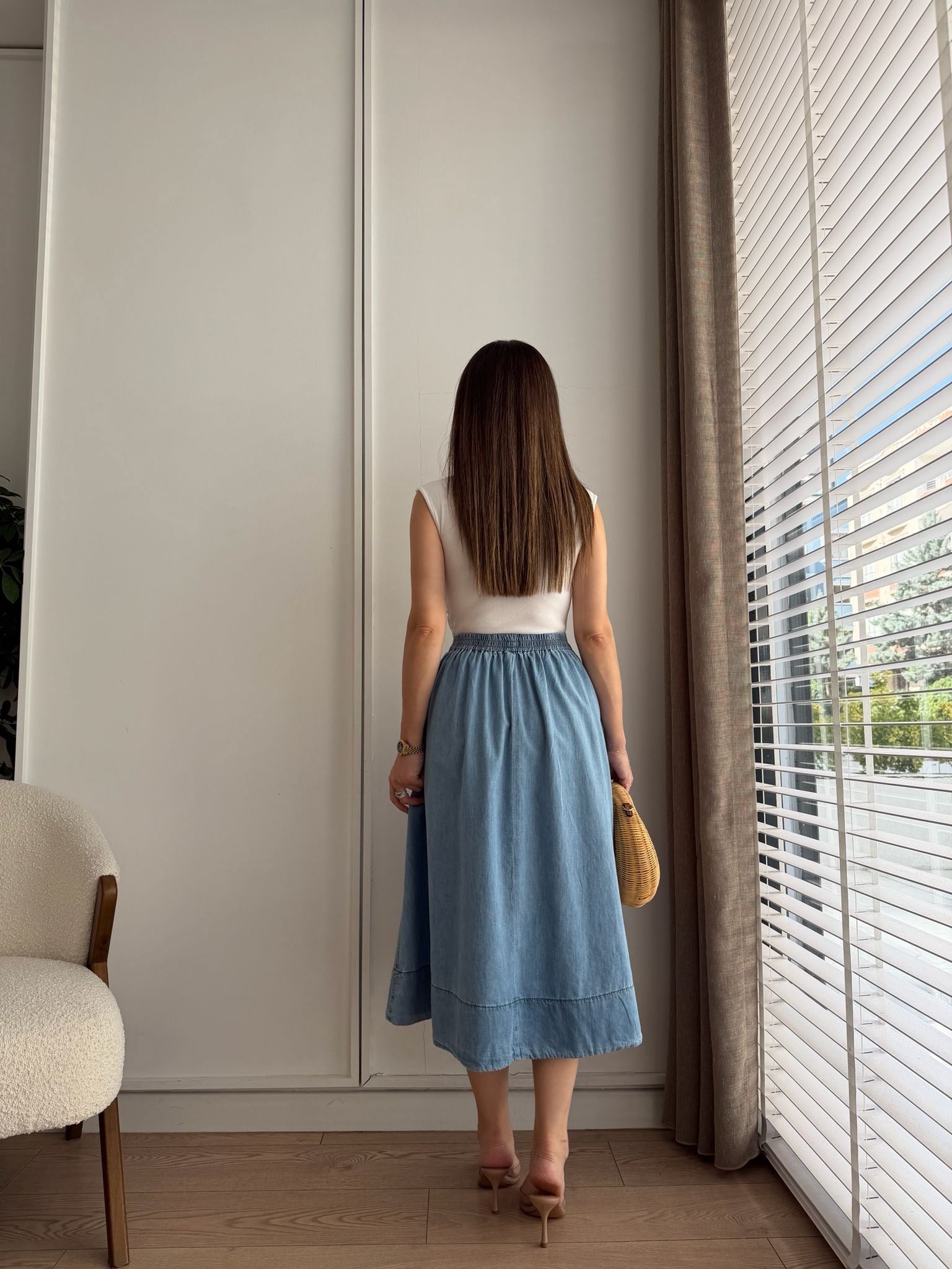 Açık mavi Bel Lastikli Cepli Jean Etek 3614