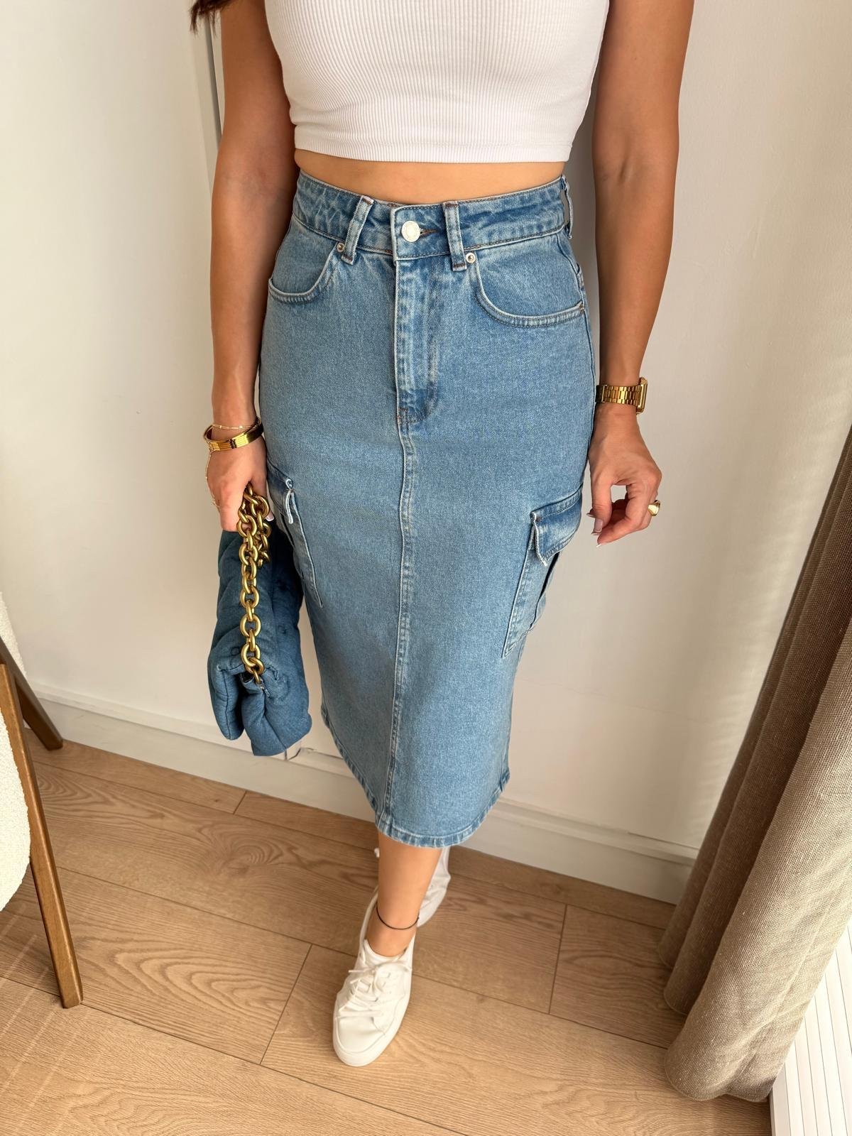 Açık mavi Cepli Yırtmaçlı Denim Etek 1023