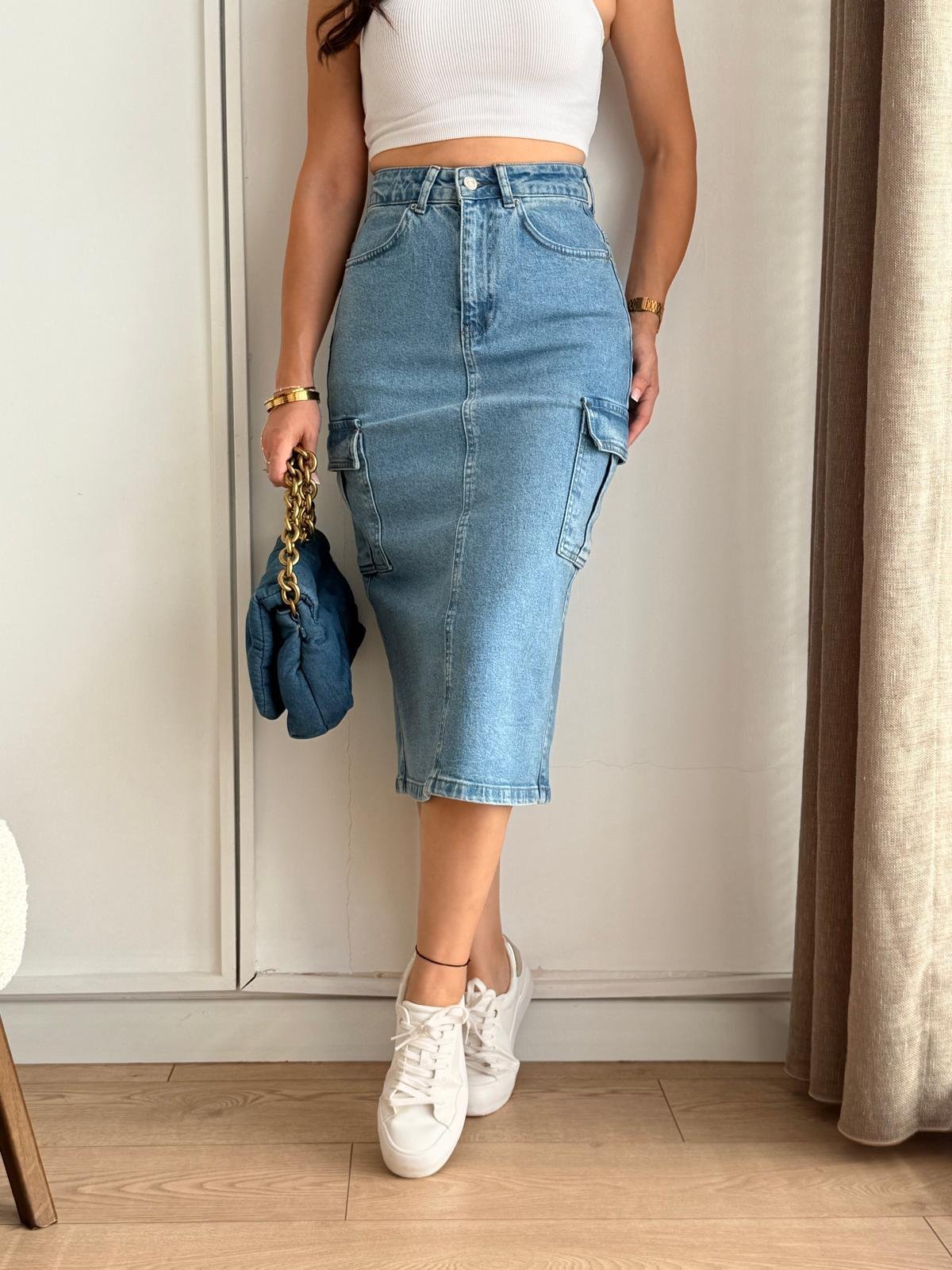 Açık mavi Cepli Yırtmaçlı Denim Etek 1023