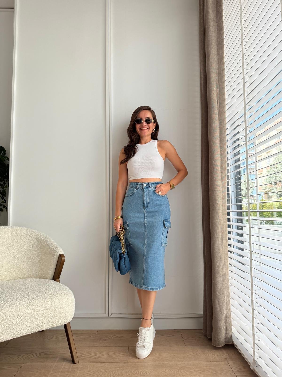 Açık mavi Cepli Yırtmaçlı Denim Etek 1023