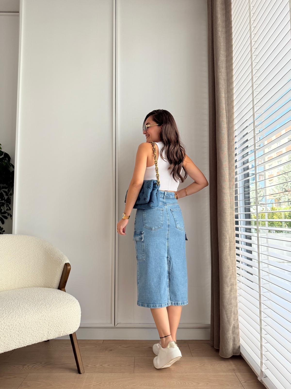 Açık mavi Cepli Yırtmaçlı Denim Etek 1023