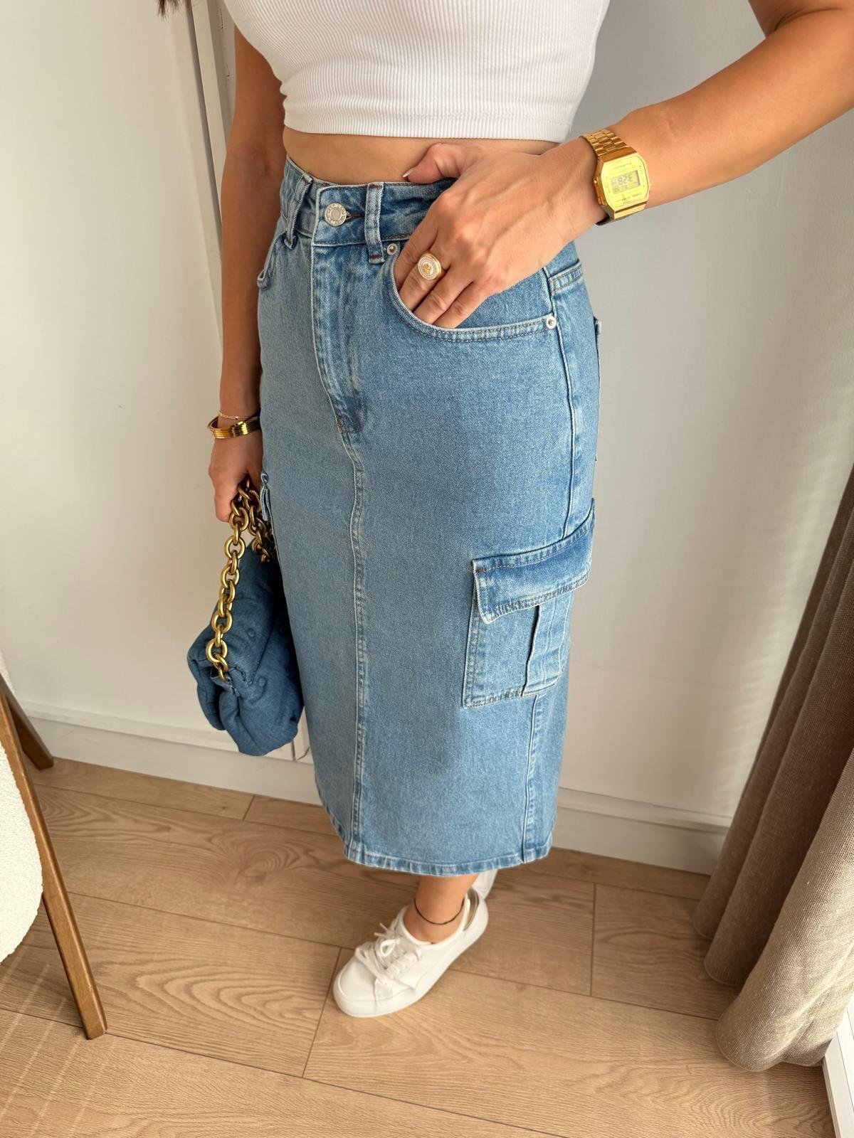 Açık mavi Cepli Yırtmaçlı Denim Etek 1023