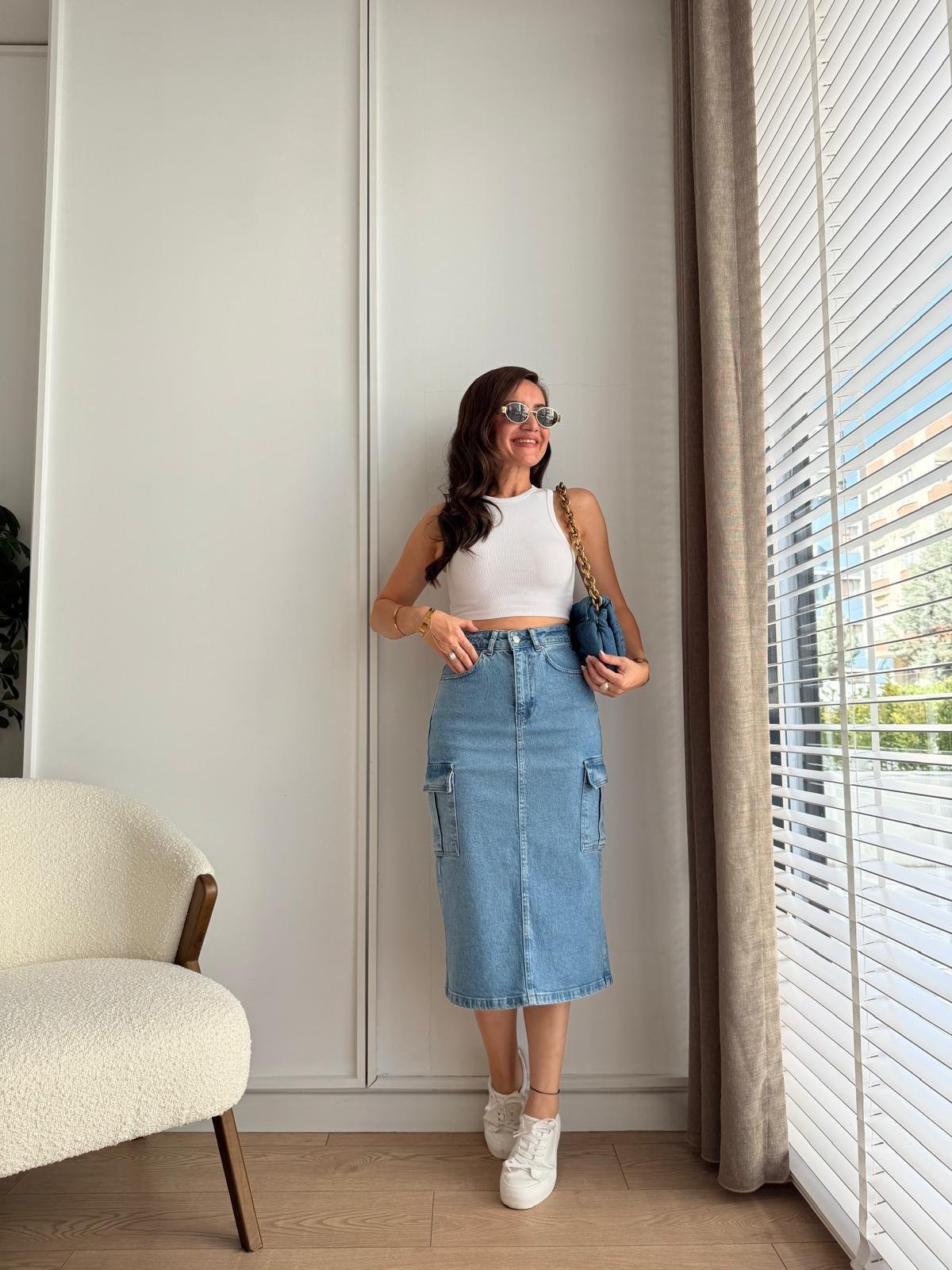 Açık mavi Cepli Yırtmaçlı Denim Etek 1023